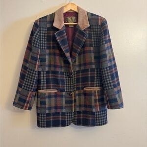 Plaid Patch Wool Vintage Blazer with Suede Collar